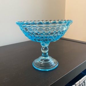 Blue Opalescent Glass Compote Footed Candy Dish on Pedestal